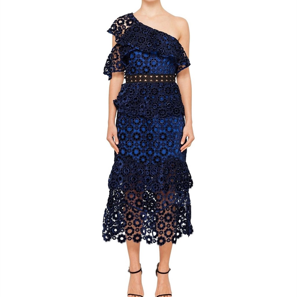 Self-Portrait Navy One-Shoulder Lace Dress
